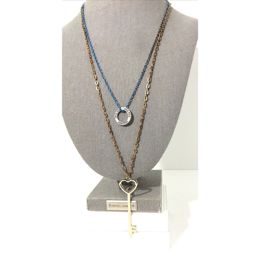 Key To My Heart Friendship Necklace-Long Gold/Blue Tone- Heart Key W/ “Friends”